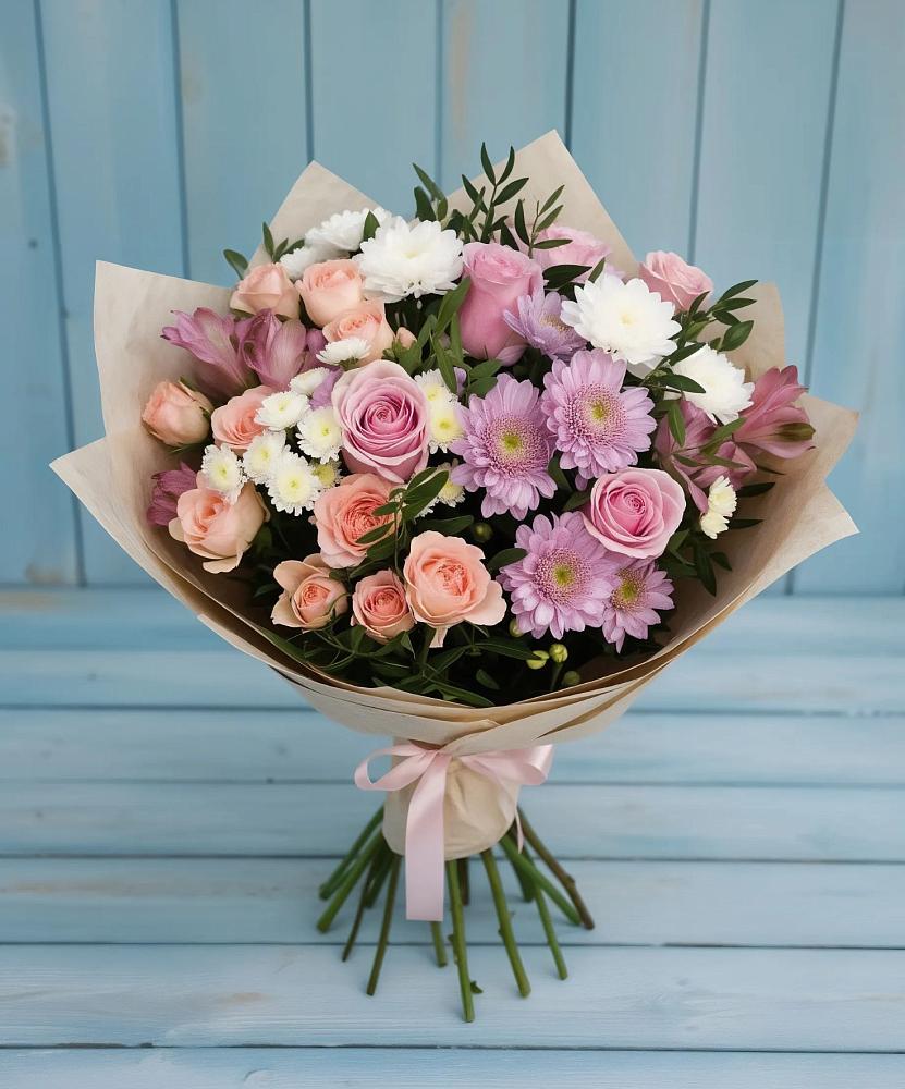 Букет цветов из: Хризантемы, Розы и Альстромерии в Хучнях