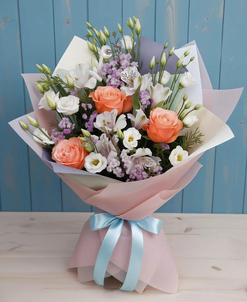 Букет цветов из: Лизиантусы, Розы, Альстромерии и Гипсофила в Хучнях