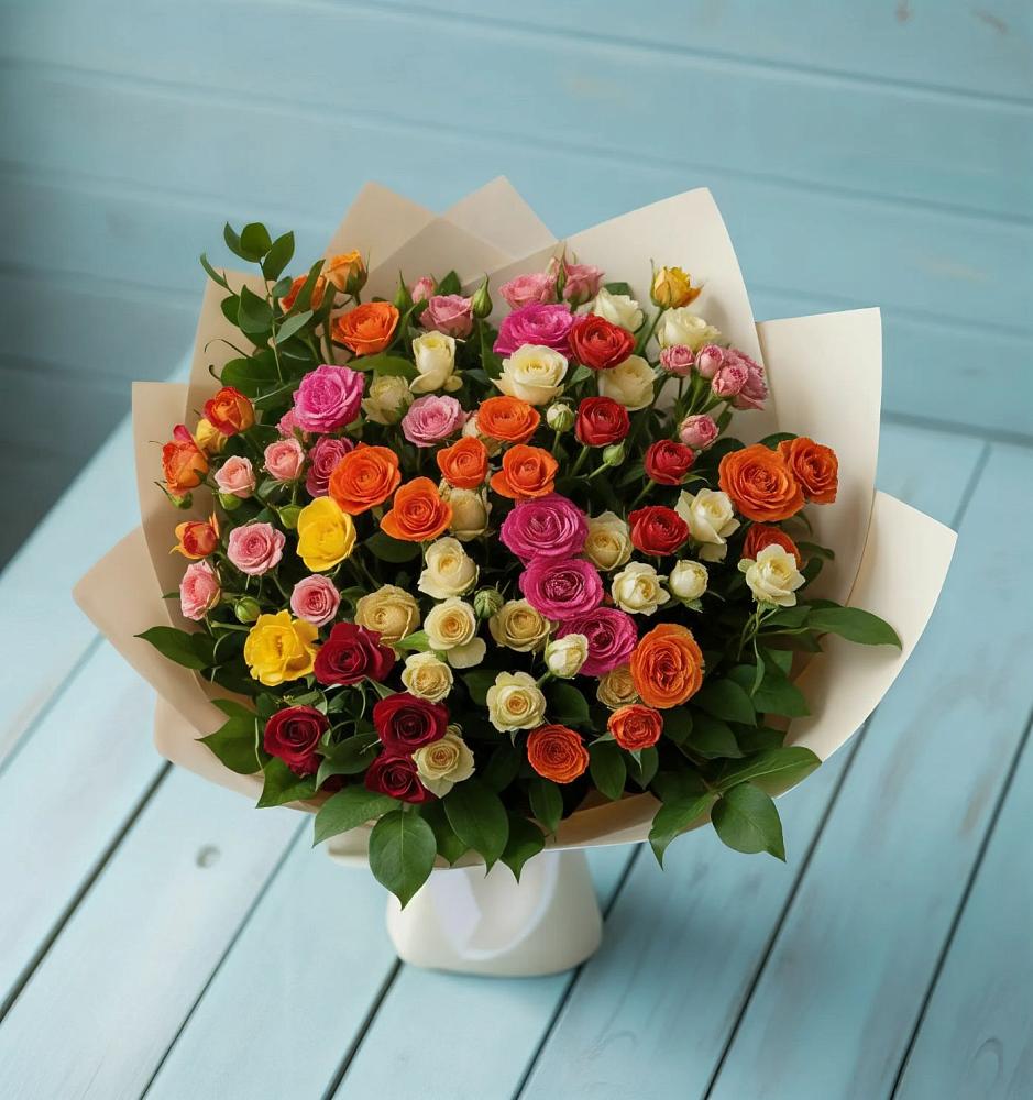 Букет Микс из разноцветных кустовых роз в Хучнях