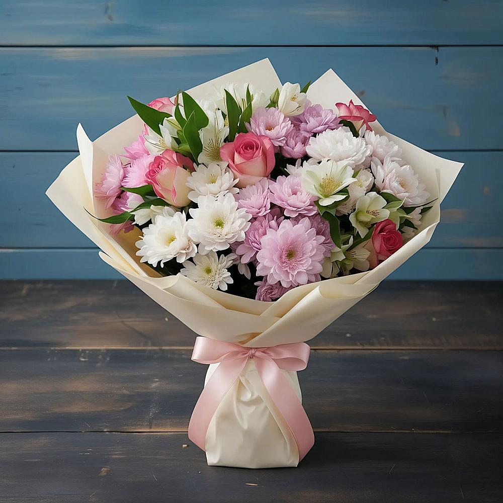 Букет цветов из: Хризантемы, Альстромерии и Розы в Хучнях